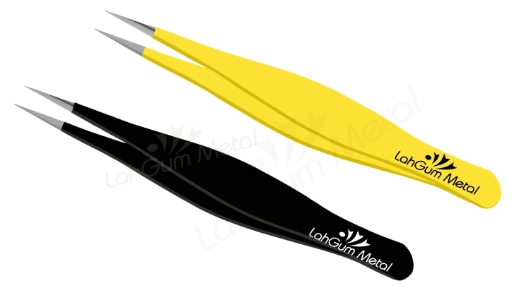 LahGum Metal colored pointed tweezers in green, yellow and black for ingrown hair and splinter removal.