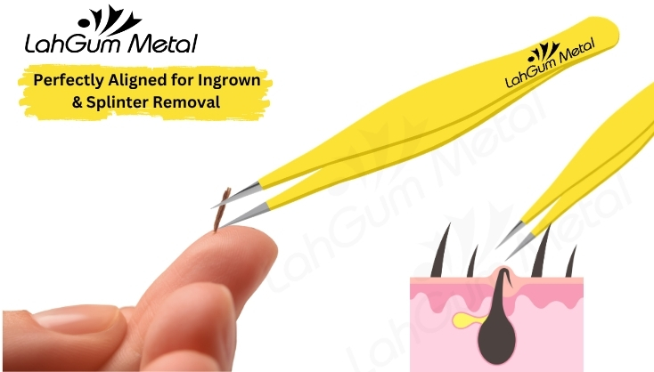 LahGum Metal pointed tweezers for ingrown hair, splinters, facial hair and precise hair removal at home.