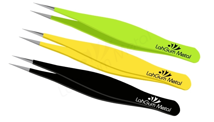 LahGum Metal yellow pointed tweezers designed for ingrown hair, splinter removal and precise grooming.
