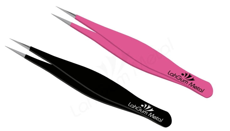 LahGum Metal pink and black pointed tweezers for facial hair, chin hair, eyebrows and fine hair removal.