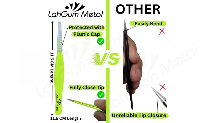 LahGum Metal pointed tweezers with protective plastic cap and fully closing tips for safe precision removal.